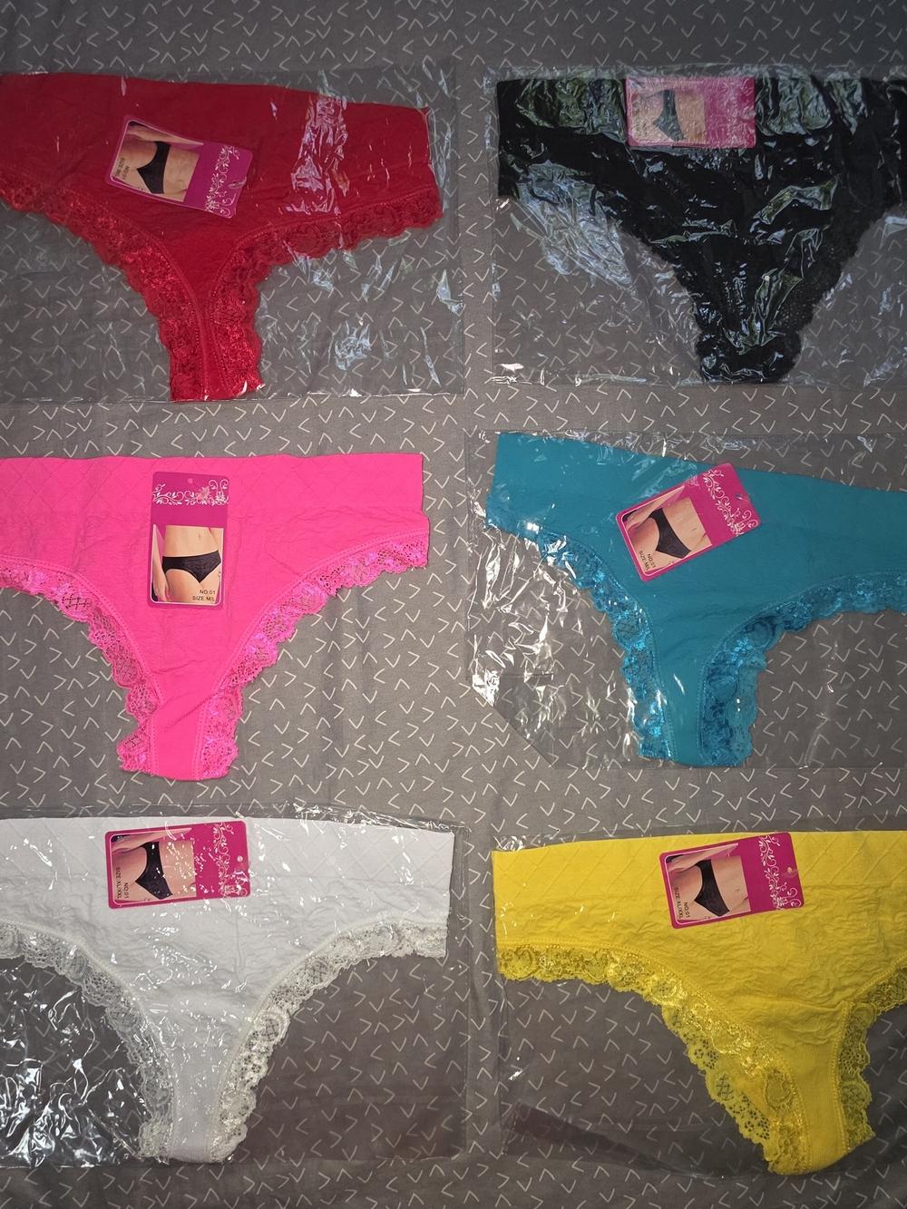Lace-Trim Thong Bottoms -6 Multi Color Pack Size M/L